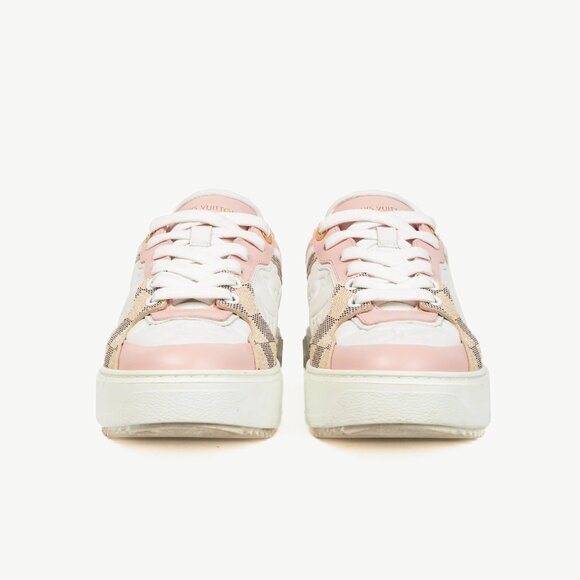 Louis Vuitton Time Out Rose Clair Pink Embossed-Calfskin & Damier Azur Sneakers - Picture 2 of 12